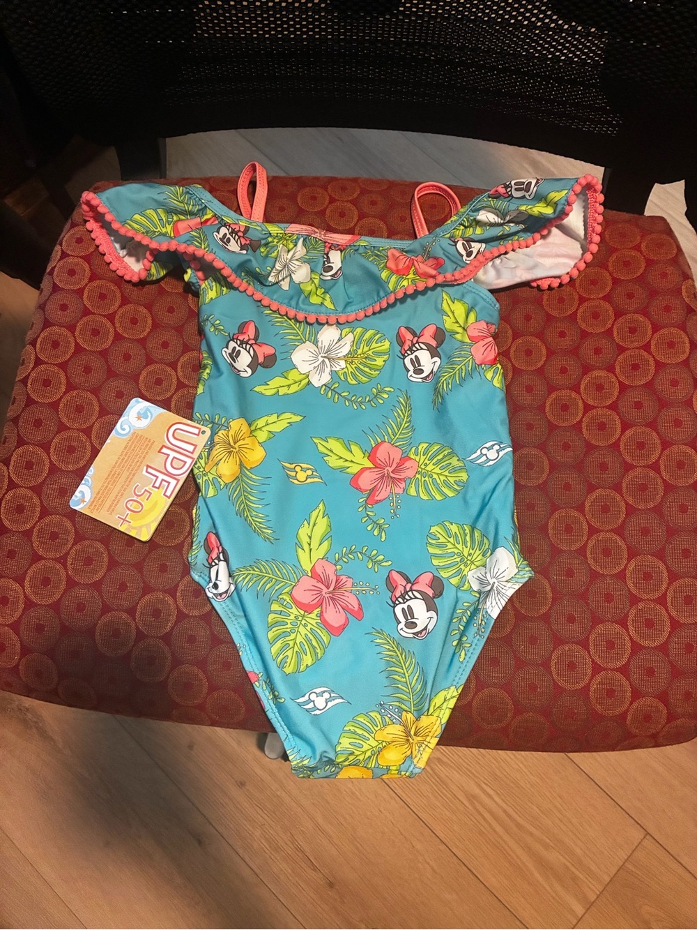 Disney Turquoise Floral Minnie One-Piece Swimsuit with Pink Trim